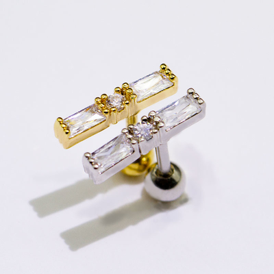 Ouro de prata perfurando da tira longa da joia 6mm da orelha quadrada das gemas do zircão